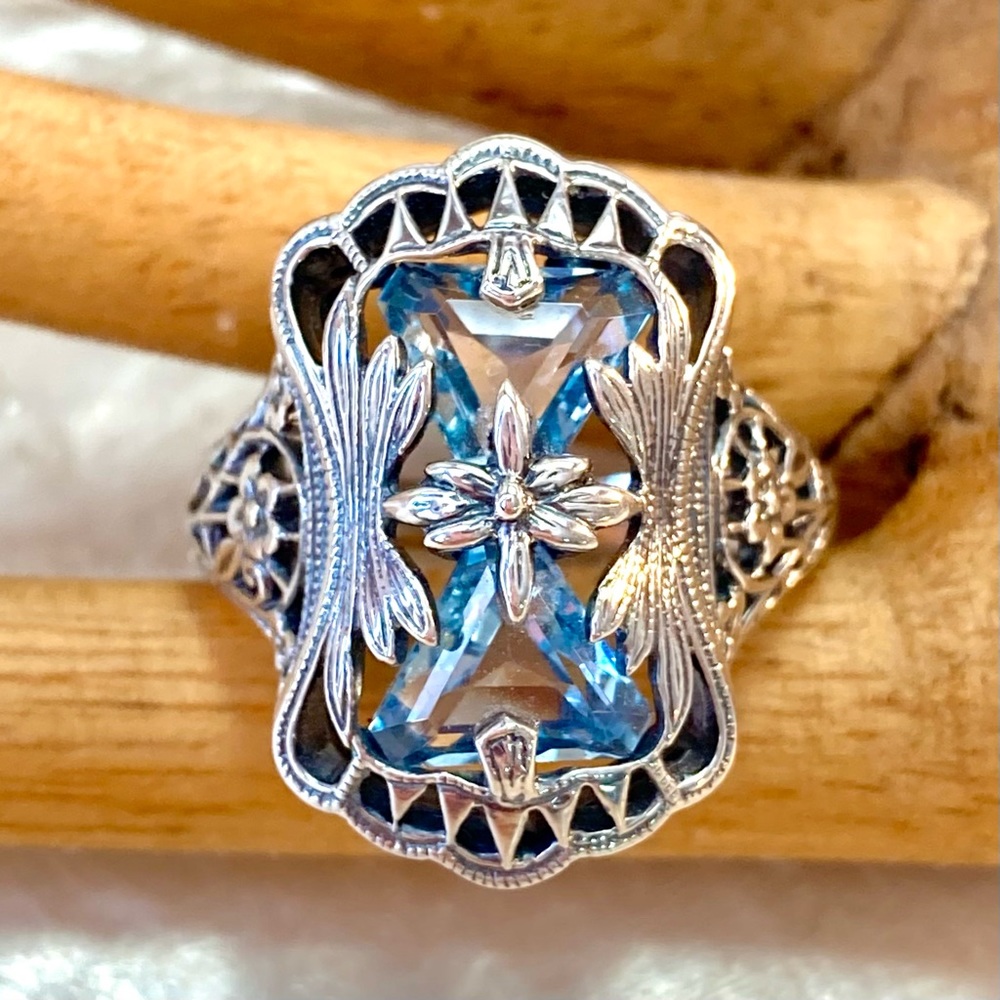 Astonishing Vintage Filigree Sterling Silver and Blue Topaz Ring